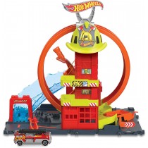 Hot Wheels City Super Loop Fire Station mit 1 Spielzeugauto Feuerwache mit Super-Looping
